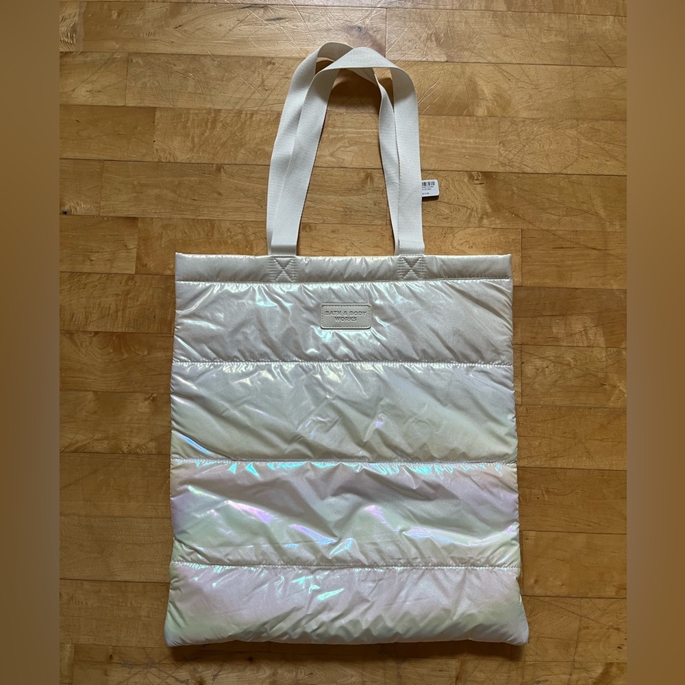Bath & Body Works large white holographic shiny puffer tote bag